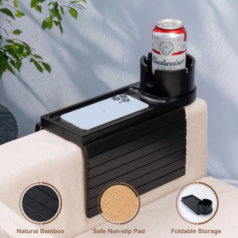 Couch Cup Holder Tray for Armrests Over 4.9" Wide, Bamboo