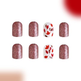 Glitter Press on Nails Short Square Fake Nails with Leaves Fall Winter Glue on Nails Brown Full Cover False Nails Press ons Acrylic Glossy Stikc on Nails for Women 24 Pcs