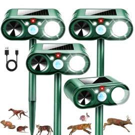 4Pack Upgraded Deer Repellent Devices Solar Ultrasonic Animal Repellent Outdoor with Motion Sensor Strobe Light for Squirrel Raccoon Rabbit Cat Deterrent Sonic Fortress Pro Keep Pests Out of Yard Farm