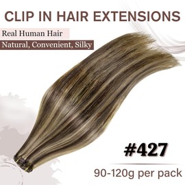Hetto Clip-In Real Hair Extensions, Remy Clip-In Real Hair Extensions, Brown Highlight Extensions, Clip-In Hair Extensions, Dark Brown, Highlights, Red Blonde #4/27, 120 g, 35 cm