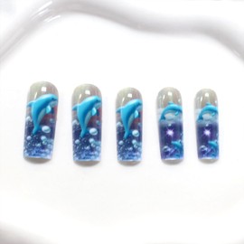 Blue Press on Nails Long Square Fake Nails with Dolphin Ocean Cute Designs 24 Pcs Natural Reusable Summer Acrylic Nail Full Cover Stick on Nail for Women WYFHDT