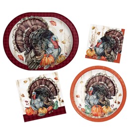 Timeless Turkey Party Supplies | Bundle for 8 | Includes Oval Banquet & Appetizer Plates, Lunch & Beverage Napkins | Thanksgiving Turkey Theme