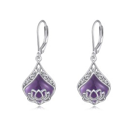 POPLYKE Lotus Flower Earrings 925 Sterling Silver Teardrop Amethyst Dangle Earrings for Women Lotus Jewelry Gifts Birthday