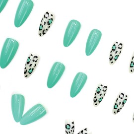 24Pcs Leopard French Tips Short Oval Press on Nails, Bling Glossy False Nails Gel Glue on Nails, Stylish Manicure Art Acrylic Fake Nails Stick on Nails for Coquette Women Girls, Green&White