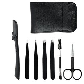 Set De 7 pzs Pinzas Para Cejas, Depilar Pinzas Profesionales de Acero Inoxidable, Pinza de Precisión Con Tijera para cejas, Pincel de cejas,Estuche de Cuero (Negro) | Negro, estuche de cuero, acero inoxidable, precisión, tijera, pincel