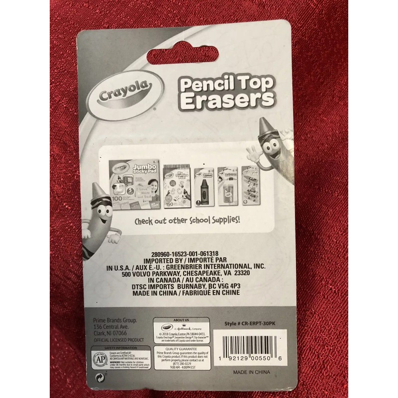 Crayola Crayon Tip Pencil Top Erasers 30 count package New