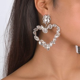 Jumwrit Shiny Love Heart Hoop Earrings for Women Statement Large Full Rhinestone Hollow Heart Drop Dangle Earrings Bridal Wedding Fashion Jewelry, Middle, Zinc, Rhinestone