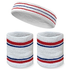 COUVER Premium Tennis Style Standard Size Sweatband Headband Wristbands Set - White/Red/Blue Lines