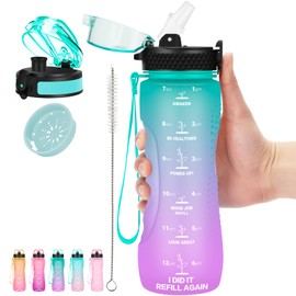 AIDEAMART 24 OZ Motivational Kids Water Bottle With Time Marker,Straw Lid&Chug Lid, Leak Proof, Tritan BPA Free Sports Water Bottle Green-Purple(2 Lid)