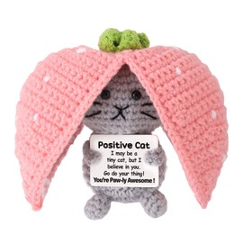 TOYMIS Positive Cat, Positive Strawberry Cat Emotional Doll Support Animal Crochet with Encouraging Message for Heartening Gift Home Office Decor Graduation Gift