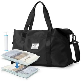 Foldie Large Travel Tote Bag Vacuum Seal Bags for Clothing with Hand Pump Waterproof Expandable Personal Item Duffel Gym Bag Weekender Carry On luggage Bags Airlines Travel Essentials for Women Black
