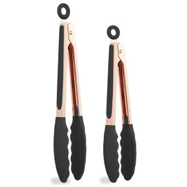 COOK WITH COLOR Stainless Steel Silicone Tipped Kitchen Food BBQ and Cooking Tongs Set of Two 9” and 12” for Non Stick Cookware, BPA Fee, Stylish, Sturdy, Locking, Grill Tongs, Rose Gold and Black