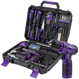 CARTMAN 150-Piece Household Tool Set, 8V Cordless Drill Driver Kit, Complete Hand Tool Kit for Home Maintenance, DIY Projects and Repairs, Purple
