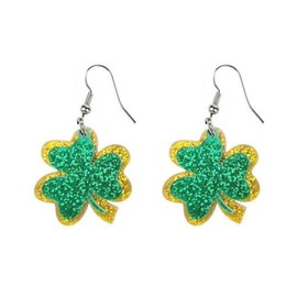 St. Patrick's Day Lucky Letter Green Leaf Shape Irish Shamrock Resin Acrylic Dangle Earrings for Women Jewelry(B)