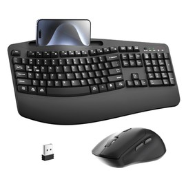 Wireless Keyboard and Mouse Combo, 2.4G Full Size Wave Keys Ergonomic Keyboard with Wrist Rest, Phone Holder, 3-Level DPI Wireless Silent Mouse with 6-Buttons, for Windows, Mac OS, Laptop, PC (Black)