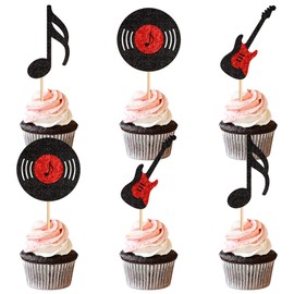 Ercadio Ercadio 24 PCS Music Cupcake Toppers Glitter Guitar Rock Cupcake Picks Music CD Music Cupcake Decorations for Rock and Roll Theme Baby Shower Kids Birthday Party Cake Decorations Supplies
