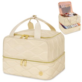 YOREPEK Travel Makeup Organizer Bag, 2-Layer Cosmetic Bags for Women, Portable Makeup Box Cases for Daily Use, Skincare, Brushes, Powders, Palettes, Makeup Tools– cosmetiquera para maquillaje，Beige