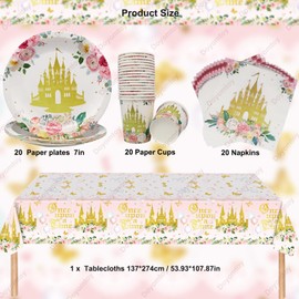 Doyomtoy Golden Castle Party Tableware, 61 Pieces Princess Castle Party Decorations Plates, Cups, Cloths, Tablecloths Fairy Princess Birthday Tableware Party Supplies Set for Girls Birthday Party
