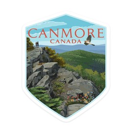 Die Cut Sticker Canmore, Canada, Hikers and Hawk, Contour Vinyl Sticker 1 to 3 inches (Waterproof Decal for Cars, Water Bottles, Laptops, Coolers), Small