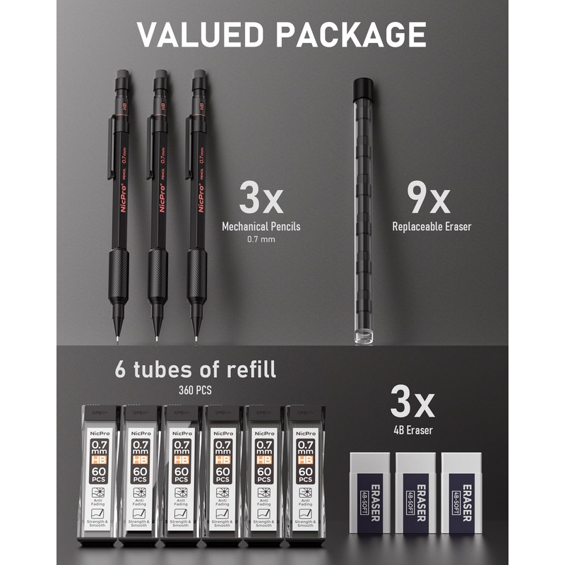 Nicpro 0.7 mm Mechanical Pencil Set with Case, 3PCS MP2000