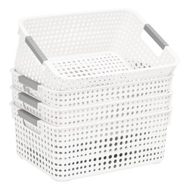4-Pack Hollow Plastic Storage Baskets with Handles(White, Medium)