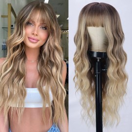 Blonde Wig With Bangs Long Wavy Curly Ombre Wig with Dark Root Synthetic Heat Resistant Wigs for Women Daily Party Use 26 Inches (R6/18/613A)