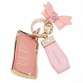 Simocky Key Fob Cover with Diamond Keychain Car Key Shell Compatible with Lexus ES350 ES300h UX200 LS500 LS500H LC500 LC500h Smart Remote Key Protector for Women (4 Buttons--Pink Bowknot)