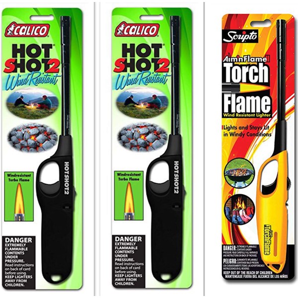 3 Pack Combo - 2 Pack Calico HOT Shot 2 Wind Resistant Lighters + Scripto Multi Purpose Lighter (Random Color) (Aim'n Flame II Wind Resistant