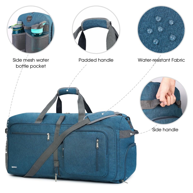 WANDF Travel Duffle Bag 65L Shoes Compartment Foldable Overnight Weekender