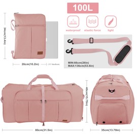 Urtala Foldable Travel Bag for Men & Women, Large Weekender Overnight Bag with Shoe Compartment, Waterproof Hand Luggage Bag/Sports Bag, pink, Classic