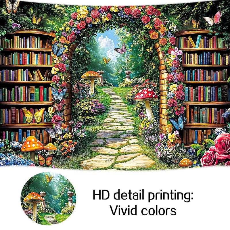 Fairy Library Backdrop,Magic Bookshelf Garden Reading Theme Party Banner,Enchanted Forest