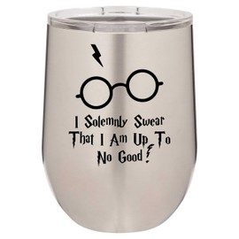 BeeGeeTees I Swear That I Am Up To No Good 12 oz Funny Wine Tumbler Laser Engraved Insulated Unbreakable Stemless Cup With Lid Multiple Colors (Silver)