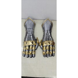 Medieval Gothic Gauntlets, Mild Steel and Brass Warrior Middle Age Armour Articulated Gloves, Historical Silver and Gold, Functional Armor for Cosplay, Adult Size
