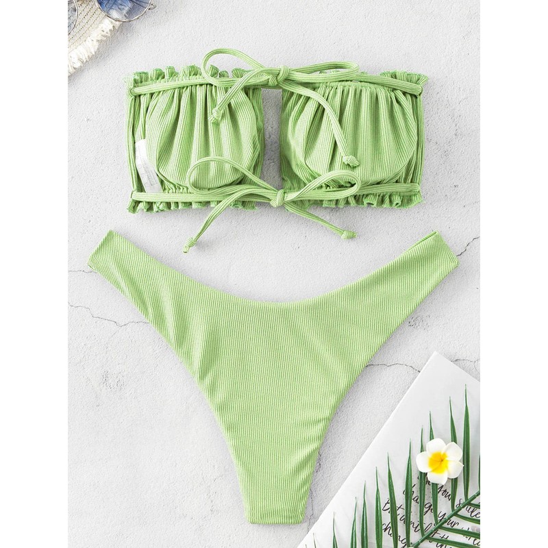 ZAFUL Off Shoulder Bandeau Bikini Set High Cut Drawstring Ruffle
