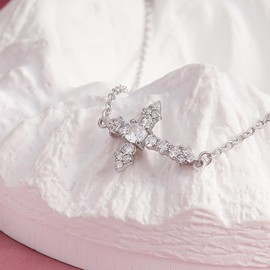 Ruthes Sideways Cross Necklace for Women Sterling Silver CZ Cubic Zirconia Pendant Necklaces Sparkling Dainty Easter Jewelry Easter Gifts for Daughter Birthday,16+3inches Necklace Chain