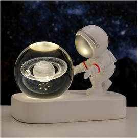 Coyoohouse Glowing Crystal Ball 3D Inner Carved Small Crystal Ball Light with Astronaut, Decorative Creative Gift Luminous Crystal Ball for Christmas Classmates and Kids Birthday (Silver, Saturn)