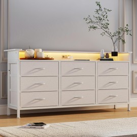 WODRAWER White Dresser for Bedroom with 9 Drawers, Long Dresser TV Stand with LED Lights & Charging Station, Fabric Chests of Drawers for Closet Entryway Living Room