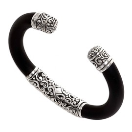 NOVICA Artisan Handmade Sterling Silver Bangle Bracelet Rubber from Indonesia [1.3 in L x 0.5 in W x 0.2 in D] ' Untouched'
