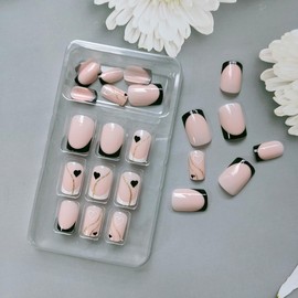 24Pcs French Tip Press on Nails Short Square Valentine's Day Fake Nails French Stripes Heart Glitter Designs Glossy Pink False Nails Full Cover Stick on Nails for Women DIY Valentines Nail Decorations