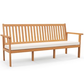 Tangkula 3-Seat Acacia Wood Outdoor Bench with Cushion, 64" Extra Long Garden Bench with Slatted Seat & Backrest, 3-Person Patio Wood Bench for Backyard, Porch, Balcony & Garden