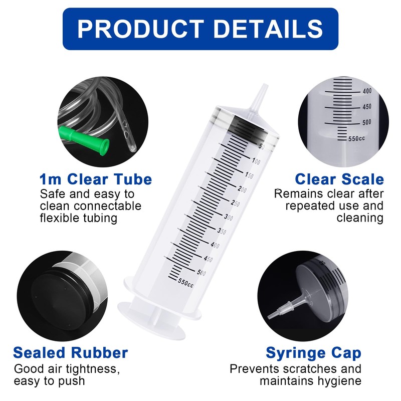 550 ml Syringe with Hose, Plastic Syringe with Cap, Large