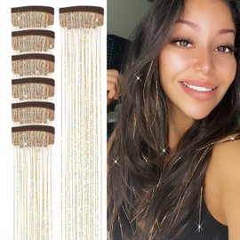 AIAIZHQH Clip in Hair Tinsel Kit 23.6Inch Gold Hair Tinsel Heat Resistant Fairy Hair Tinsel Clip in Glitter Hair Extensions, Tinsel Hair Sparkle Festival Hair Accessories for Women Girls (Gold)