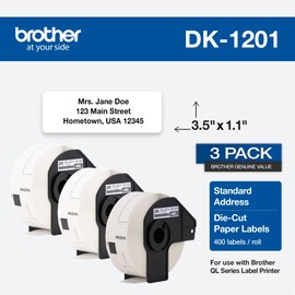 Brother Genuine DK-1201 Die-Cut Standard Address Labels – Long Lasting Reliability, Die-Cut Standard Address Paper Labels, 1.14” x 3.5” Individual Label Size, 400 Labels per Roll, (1) Roll per Box