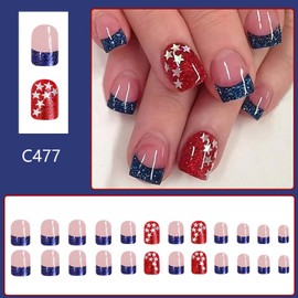 Blue French Tip Press On Nails Short Square Fake Nails Star With Glitter Design Independence Day False Nails 4th Of July Acrylic Full Cover Nails Glossy Glue On Nails Stick On Nails For Women 24pcs