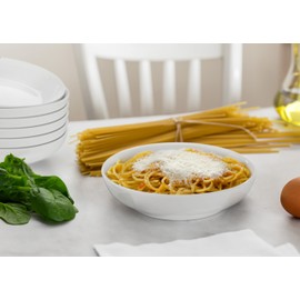 KooK Pasta Bowls Set of 6, Salad Bowl, Large, Ceramic, Microwave and Dishwasher Safe, Great for Soups and Salads, Shallow Serving Bowls, Glossy Porcelain, 32 oz, (White)