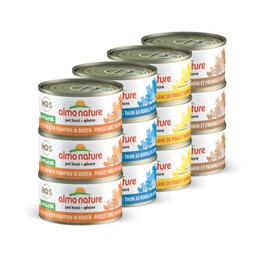 Almo Nature HQS Natural Variety Pack Grain Free, Additive Free Recipes - Chicken with Pumpkin (6); Chicken Breast (6); Tuna Atlantic Style (6); Chicken & Cheese(6), Adult Cat Canned Wet Food, Shredded