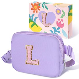 COSHAYSOO Easter Birthday Initial Gifts for Teen Girls 5 6 7 8 9 10 11 12 13 14 Year Old Purple Fanny Pack for Girls Belt Bag Crossbody Travel Purse Unique Trendy Preppy Stuff Chenille Letter L