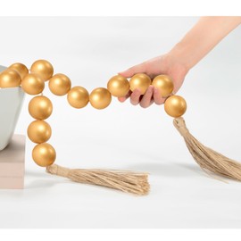 OMISHE 76" Long Extra Large Wood Bead Garland with 1.6" Diameter Wooden Beads and Tassels, Rustic Farmhouse Country Decorative Beads for Home Decor Tiered Tray Decor, Gold