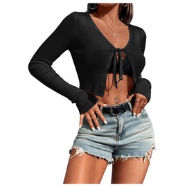 SHENHE Women's V Neck Ribbed Knit Tie Front Cropped Plain Long Sleeve Cardigan Outwear, Black, Small