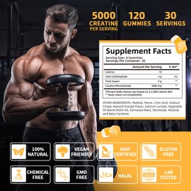 Creatine Monohydrate Gummies for Men Women - Vegan Creatine Supplement Gummies 5000mg Chewable for Muscle Strength Growth Recovery, Lab Tested Preworkout Gummies Sugar Free Orange Flavor 120ct
